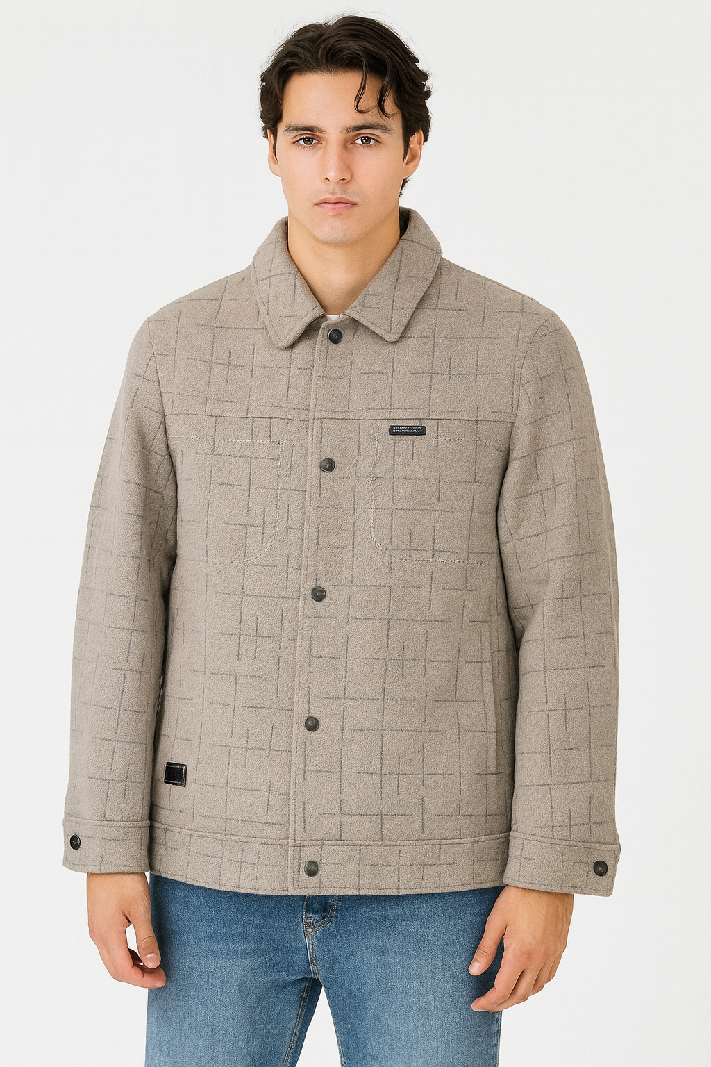 A beige button‑front jacket