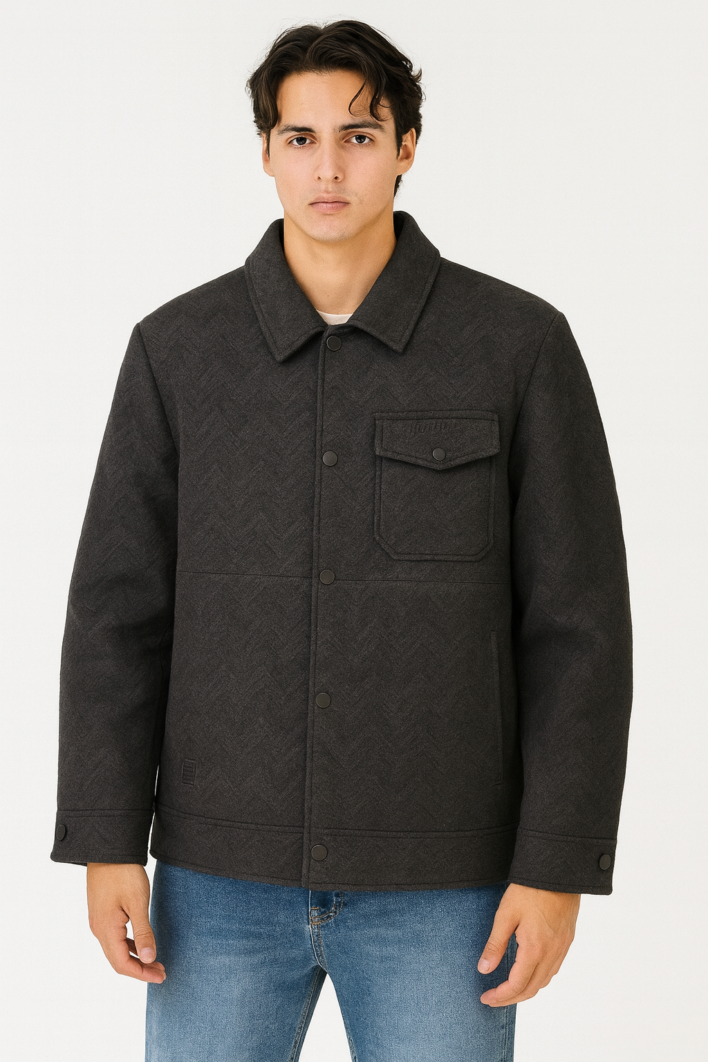 Men's Charcoal Chevron Wool-Blend Overshirt Jacket