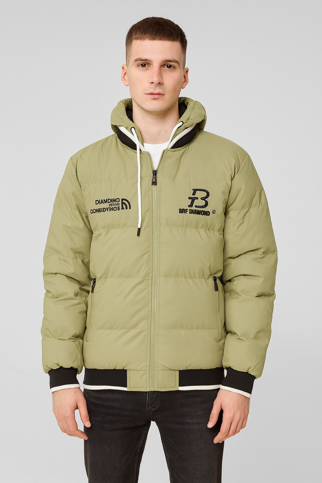 Men's black puffer jacket with a hood