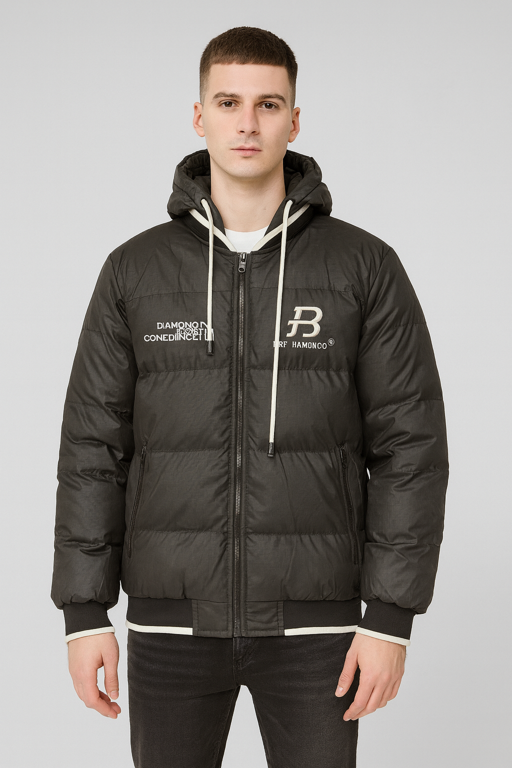 Men's black puffer jacket with a hood