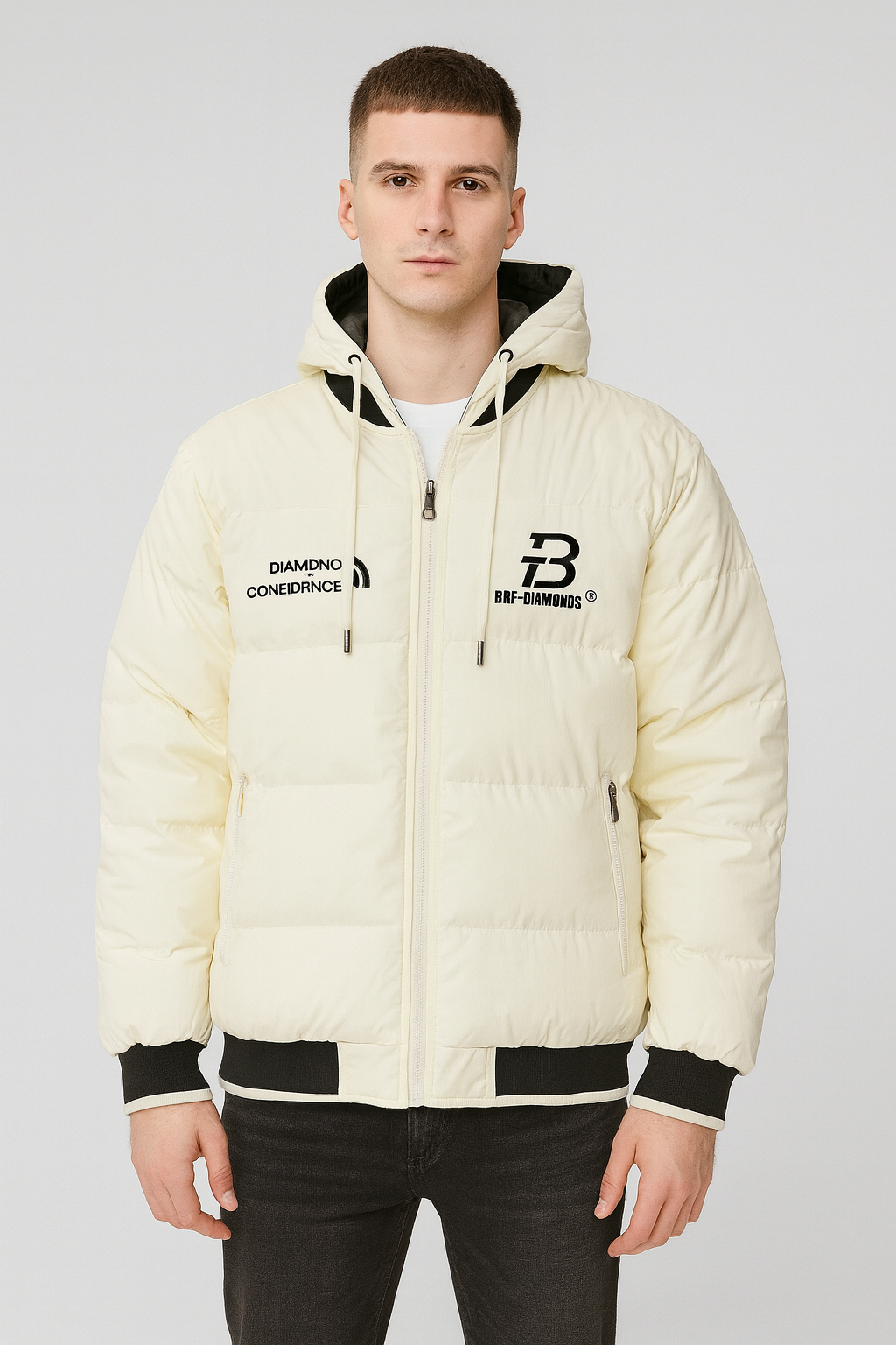 Men's black puffer jacket with a hood