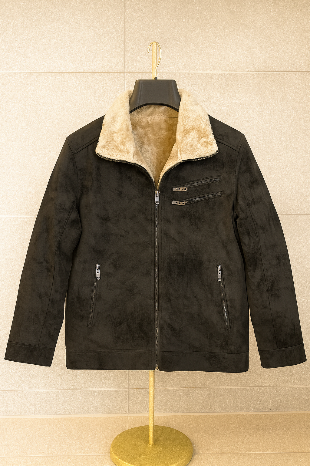 Men’s shearling collar leather jacket