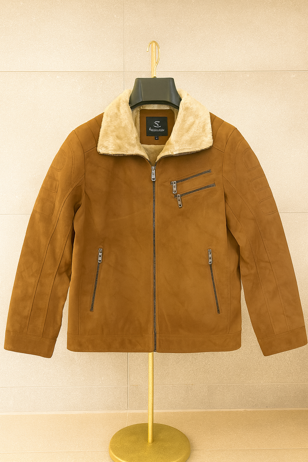 Men’s shearling collar leather jacket